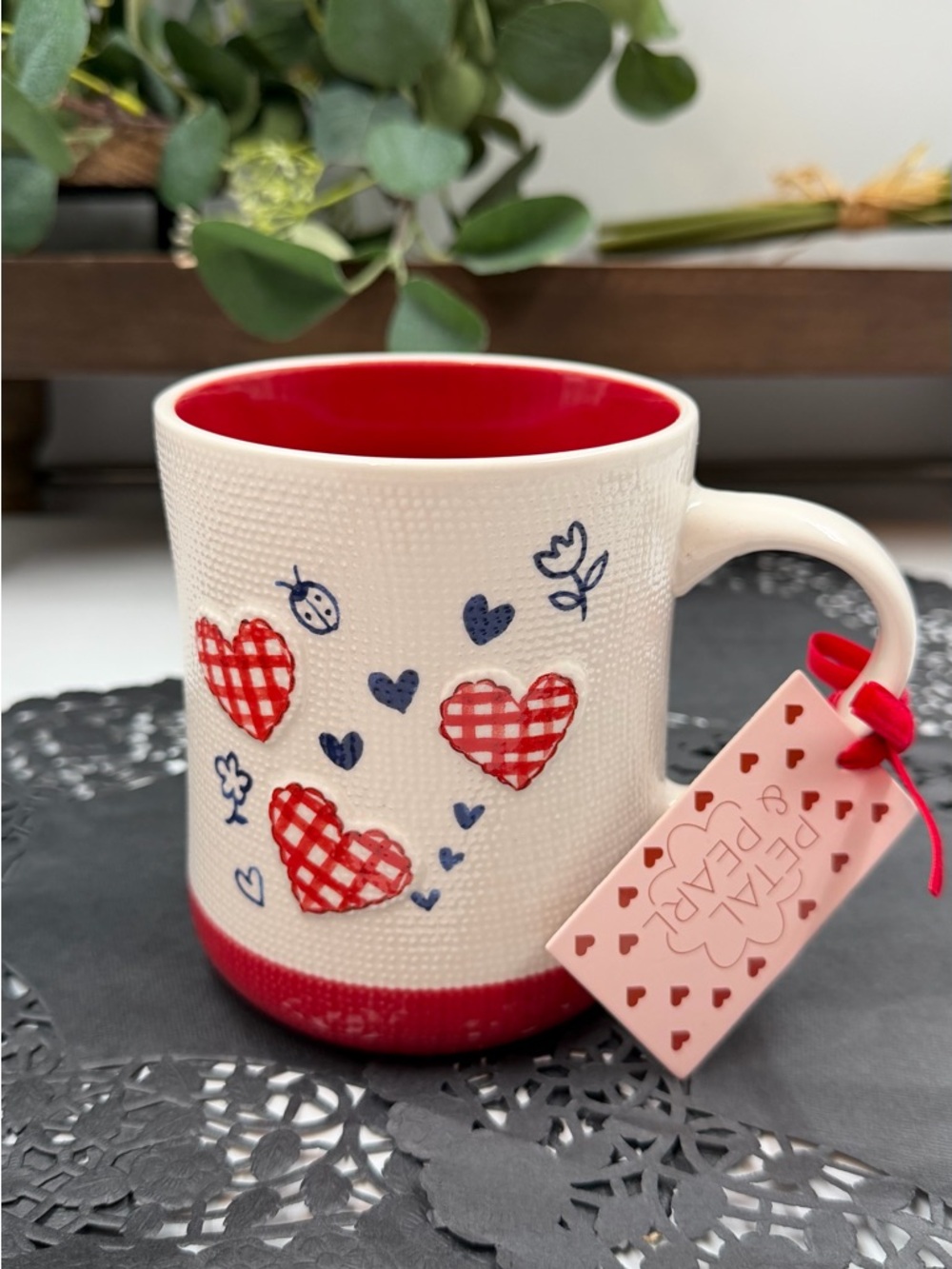 Petal & Pearl Patriotic Hearts Mug Red Gingham Heart Coffee Cup Cute